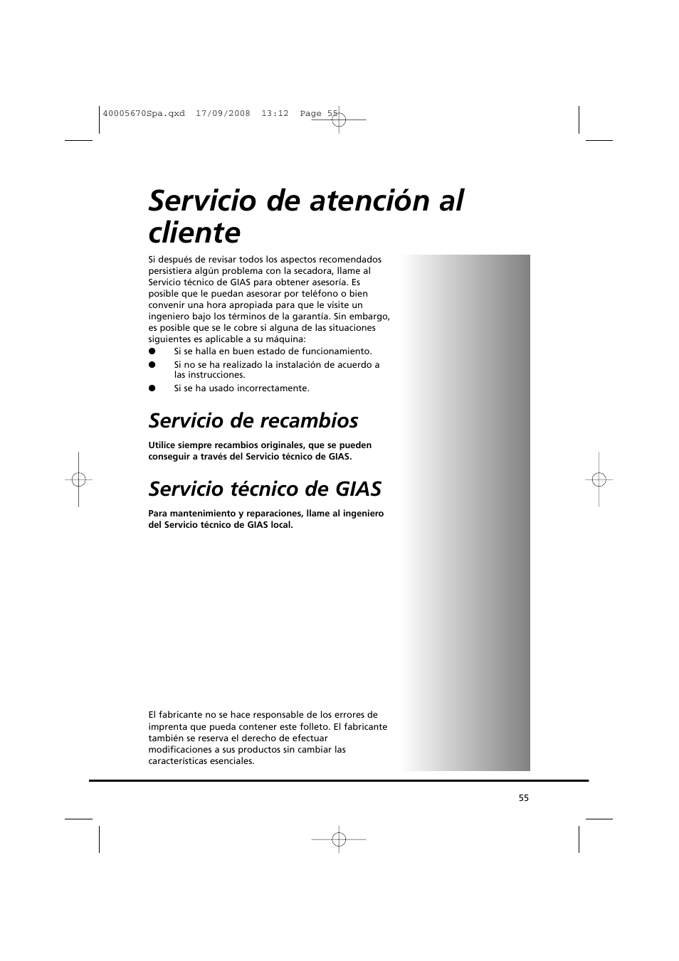 Servicio de atención al cliente, Servicio de recambios, Servicio técnico de gias | Candy GO DC 78GT-37S User Manual | Page 55 / 110