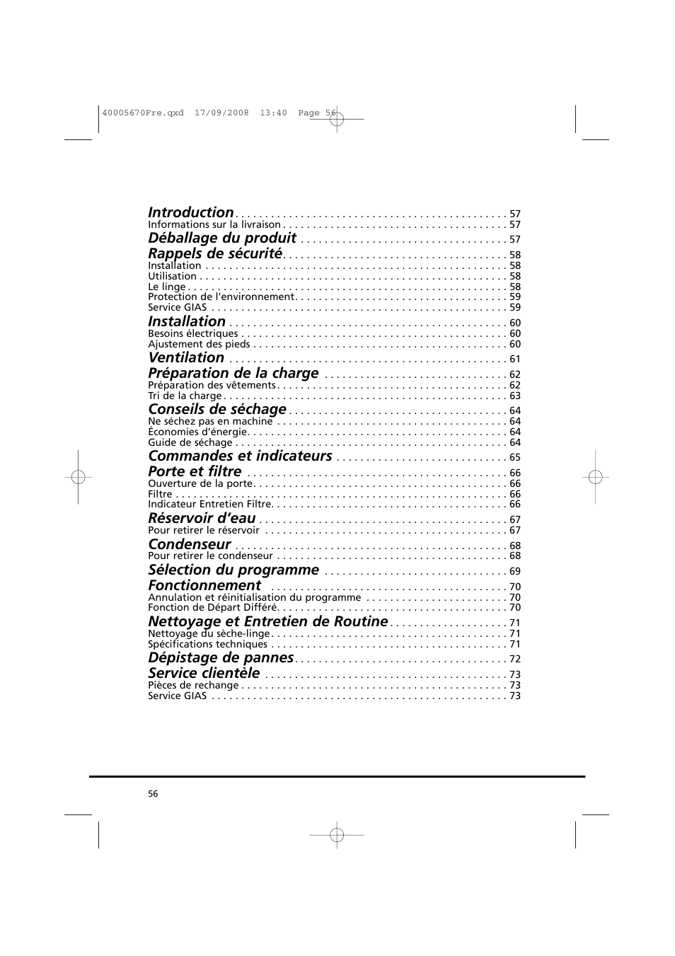 Introduction, Déballage du produit, Rappels de sécurité | Installation, Ventilation, Préparation de la charge, Conseils de séchage, Commandes et indicateurs, Porte et filtre, Réservoir d’eau | Candy GO DC 78GT-37S User Manual | Page 56 / 110