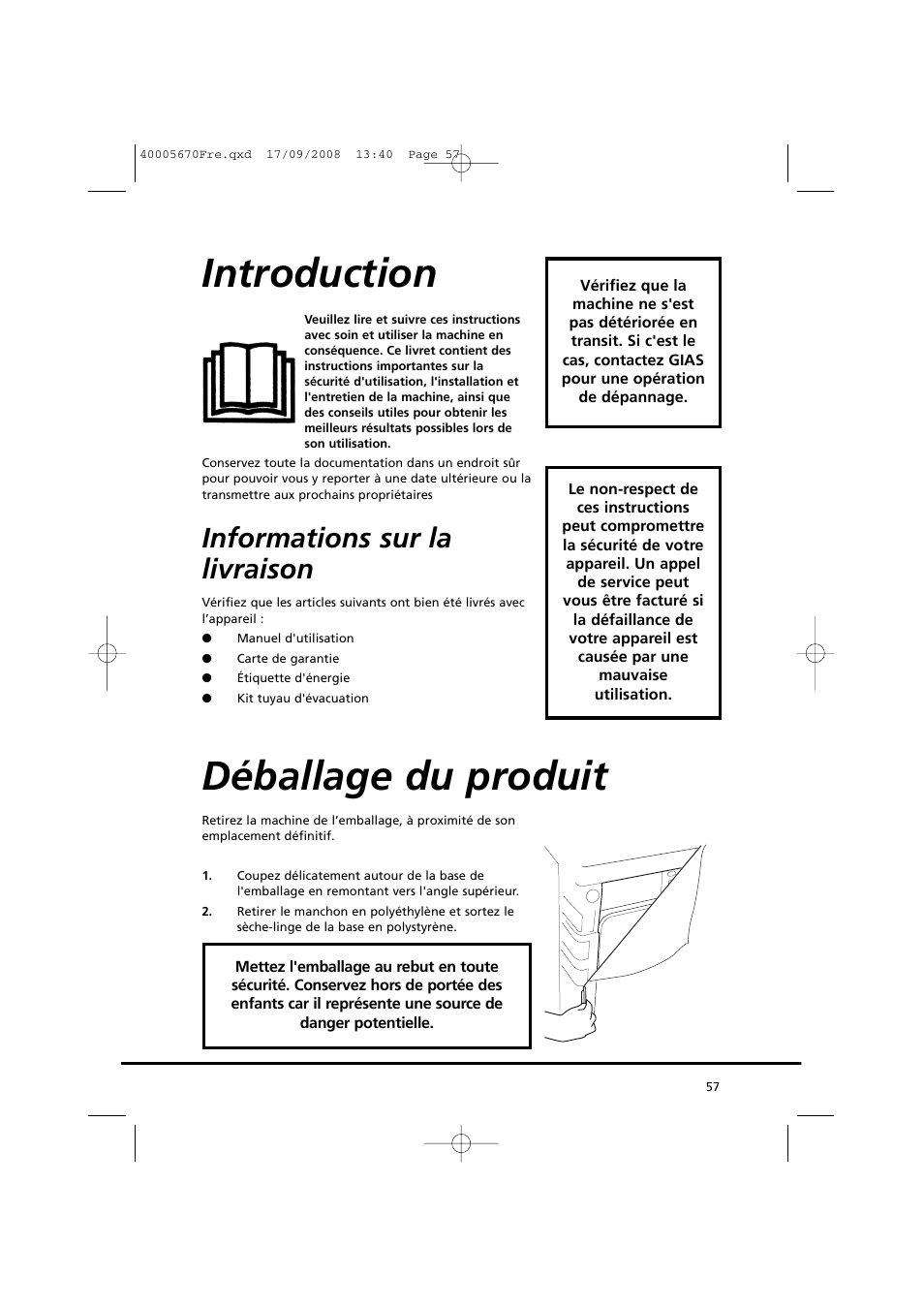 Introduction, Déballage du produit, Informations sur la livraison | Candy GO DC 78GT-37S User Manual | Page 57 / 110