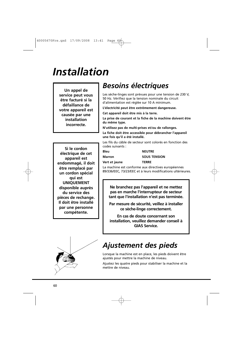 Installation, Besoins électriques, Ajustement des pieds | Candy GO DC 78GT-37S User Manual | Page 60 / 110