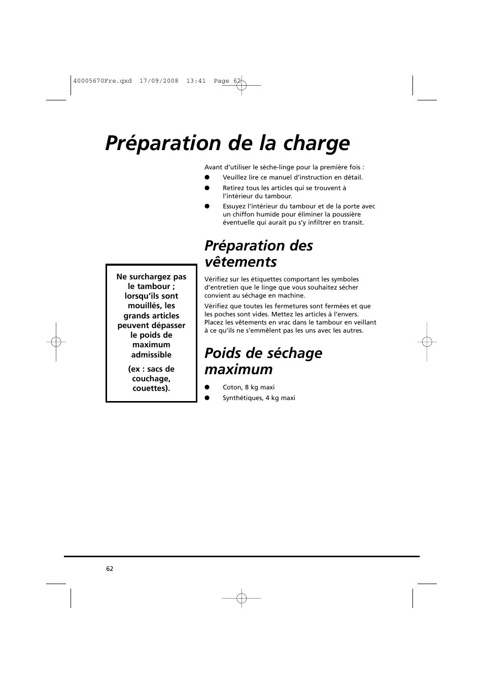 Préparation de la charge, Préparation des vêtements, Poids de séchage maximum | Candy GO DC 78GT-37S User Manual | Page 62 / 110