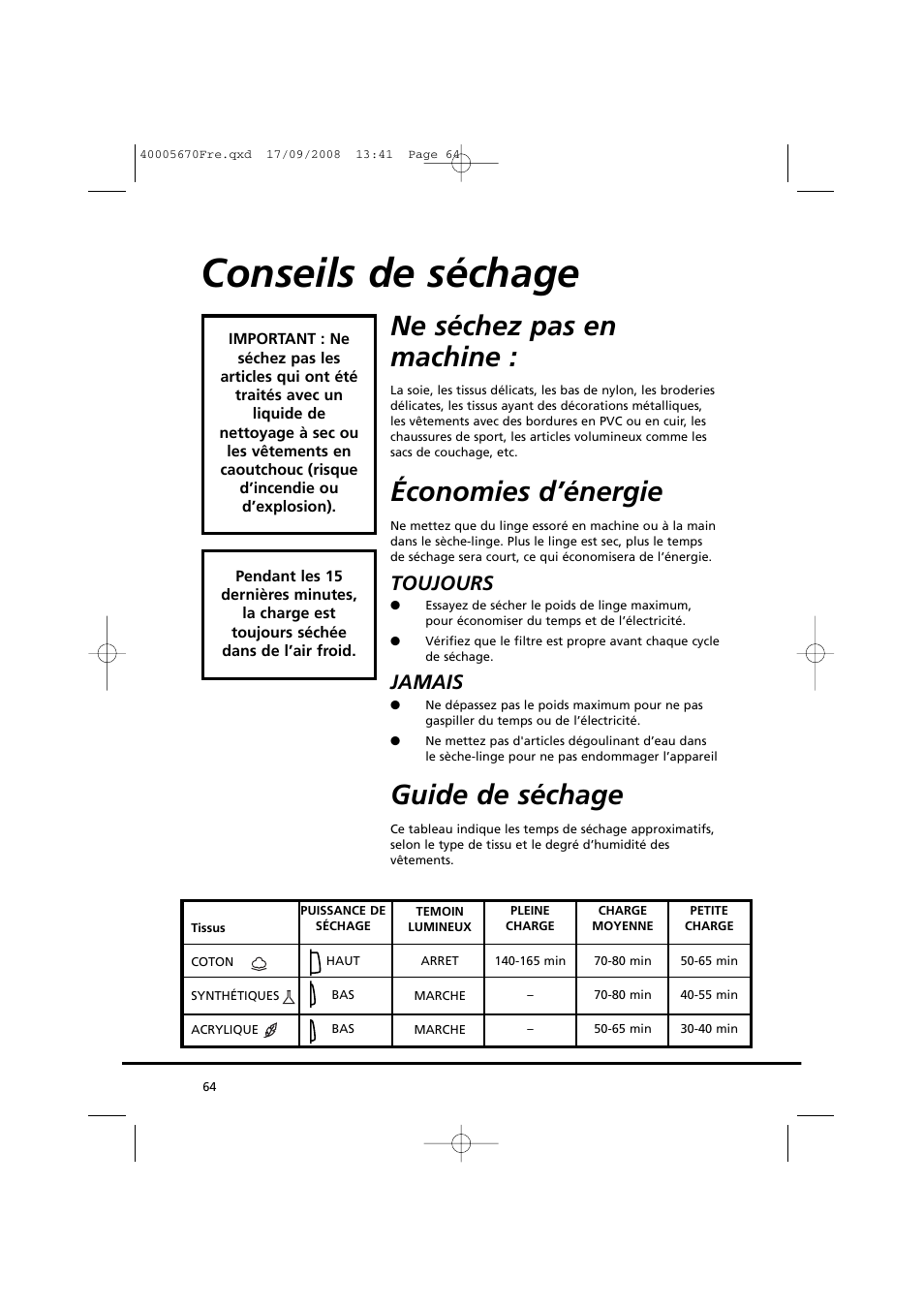 Conseils de séchage, Ne séchez pas en machine, Économies d’énergie | Guide de séchage, Toujours, Jamais | Candy GO DC 78GT-37S User Manual | Page 64 / 110