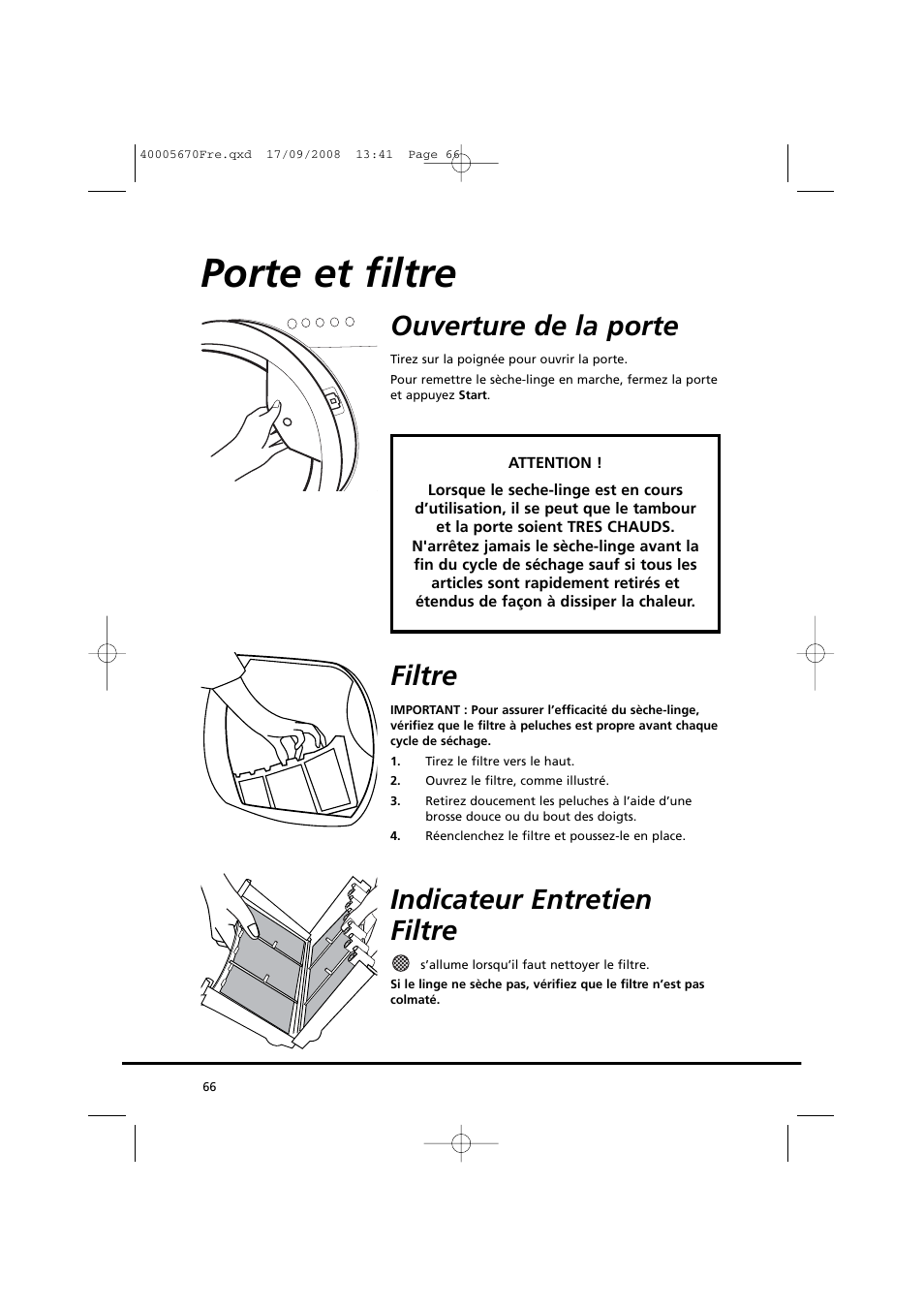 Porte et filtre, Ouverture de la porte, Filtre | Indicateur entretien filtre | Candy GO DC 78GT-37S User Manual | Page 66 / 110