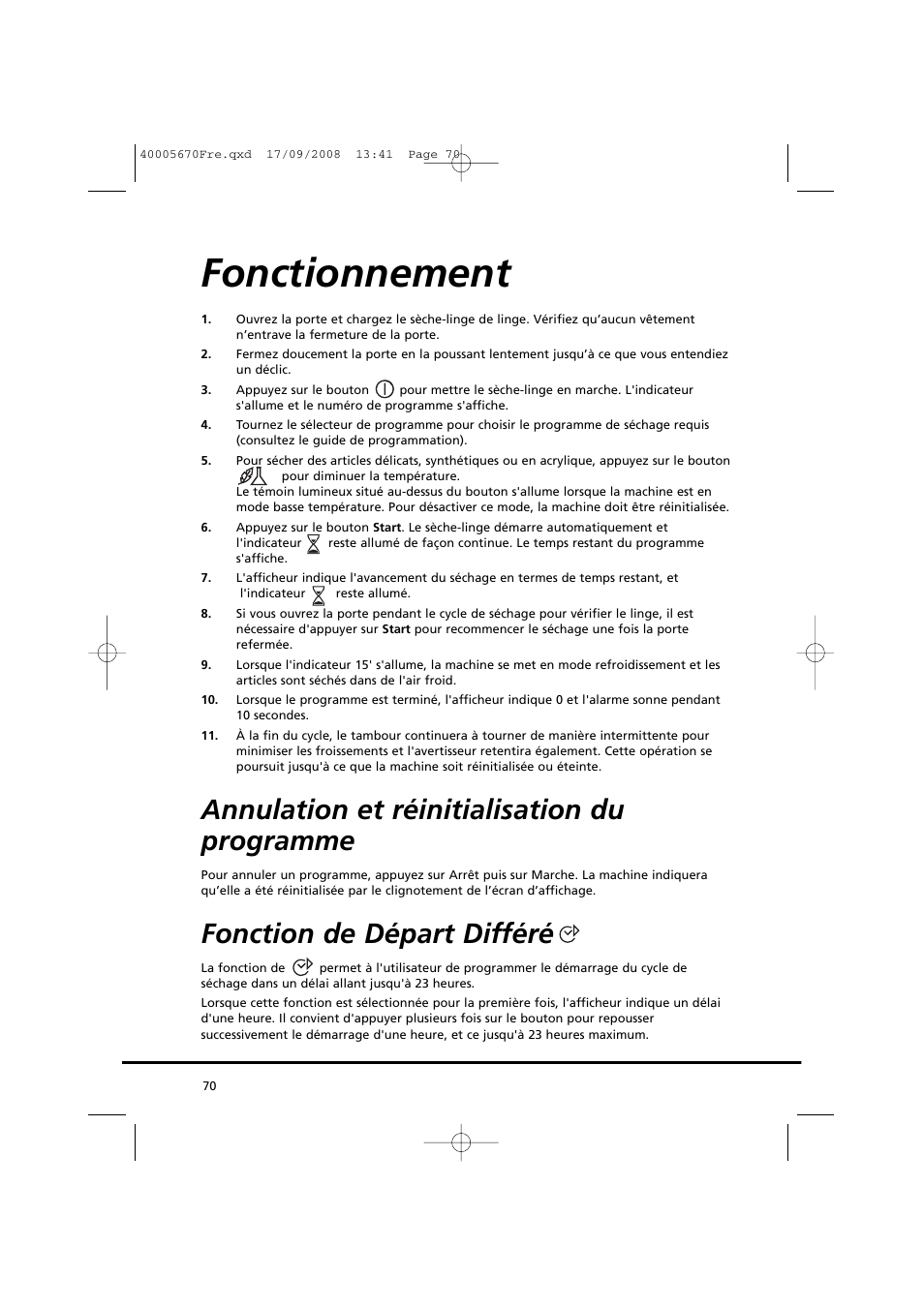 Fonctionnement, Annulation et réinitialisation du programme, Fonction de départ différé | Candy GO DC 78GT-37S User Manual | Page 70 / 110