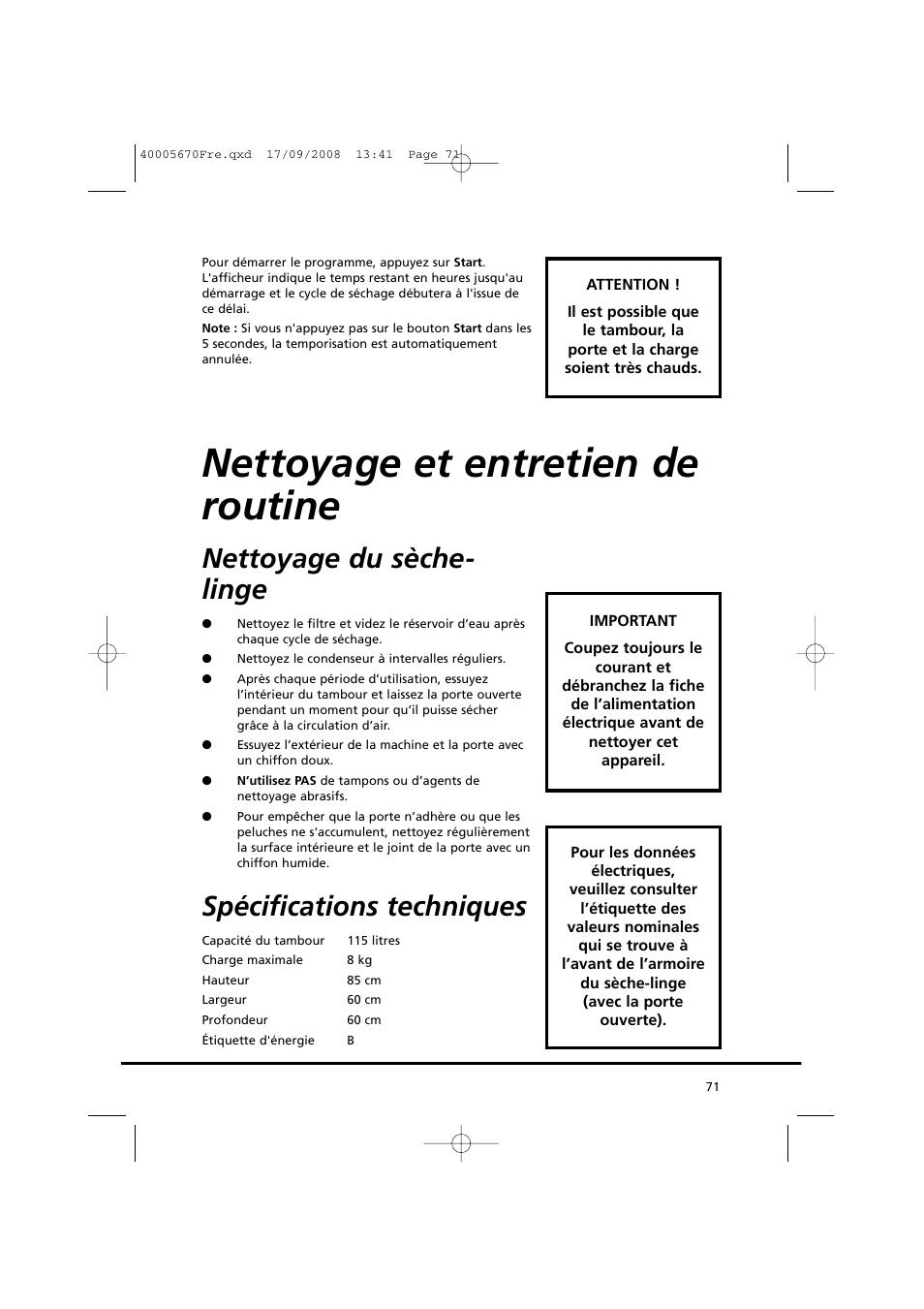 Nettoyage et entretien de routine, Nettoyage du sèche- linge, Spécifications techniques | Candy GO DC 78GT-37S User Manual | Page 71 / 110