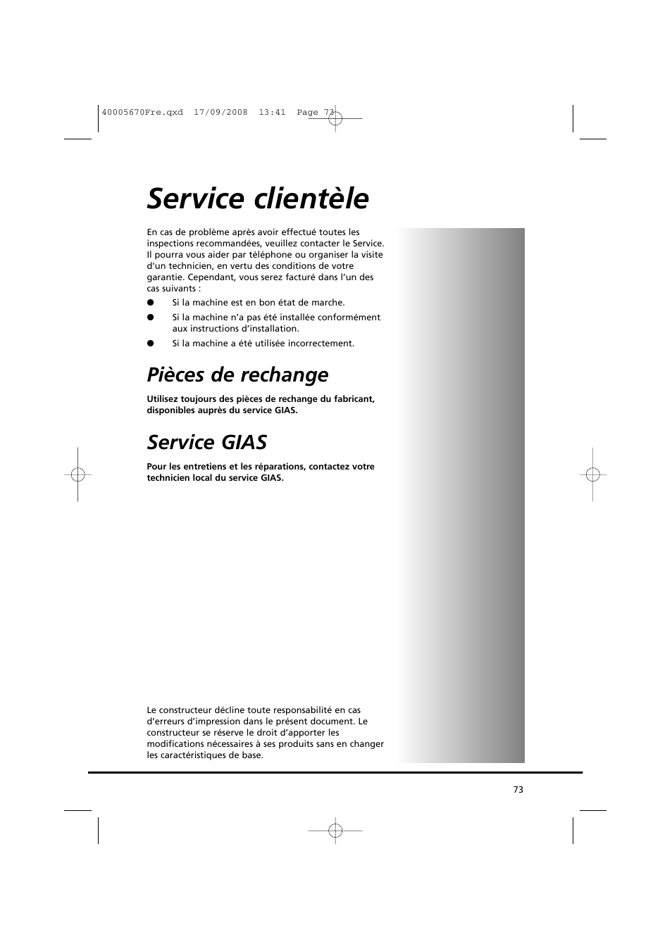 Service clientèle, Pièces de rechange, Service gias | Candy GO DC 78GT-37S User Manual | Page 73 / 110