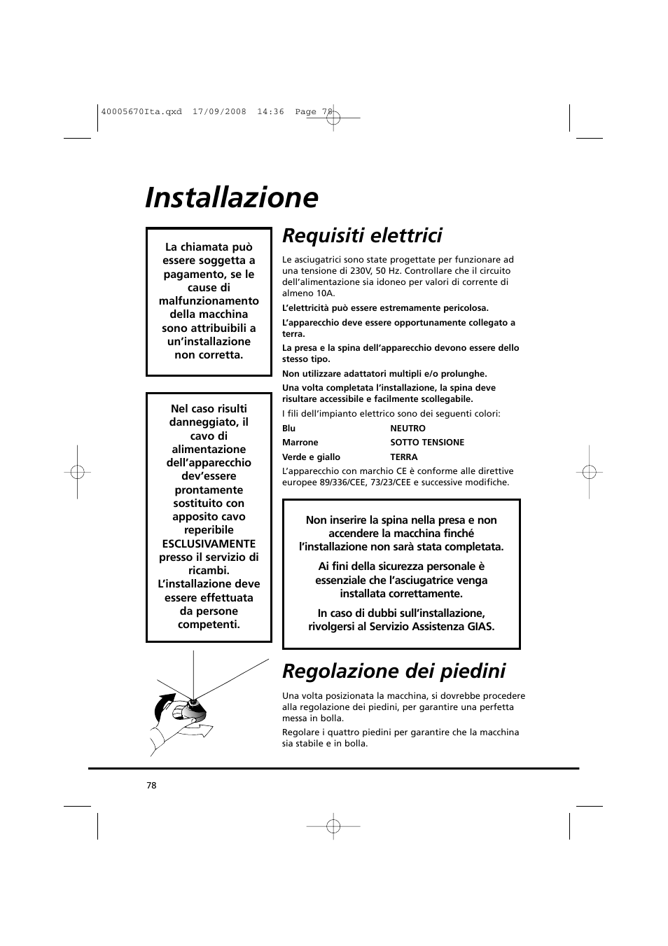 Installazione, Requisiti elettrici, Regolazione dei piedini | Candy GO DC 78GT-37S User Manual | Page 78 / 110