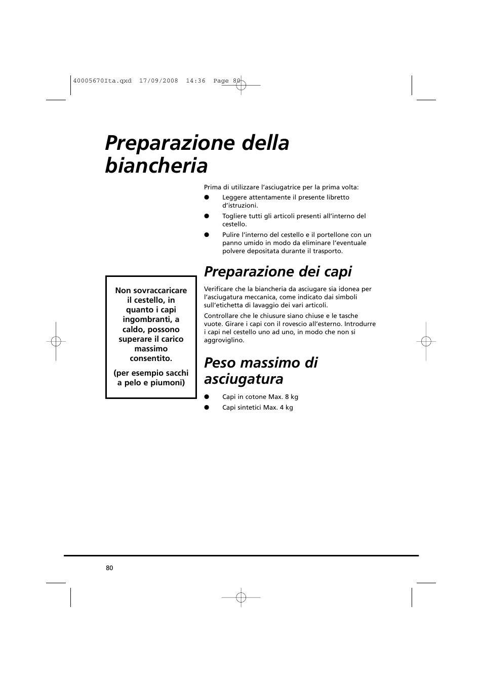 Preparazione della biancheria, Preparazione dei capi, Peso massimo di asciugatura | Candy GO DC 78GT-37S User Manual | Page 80 / 110