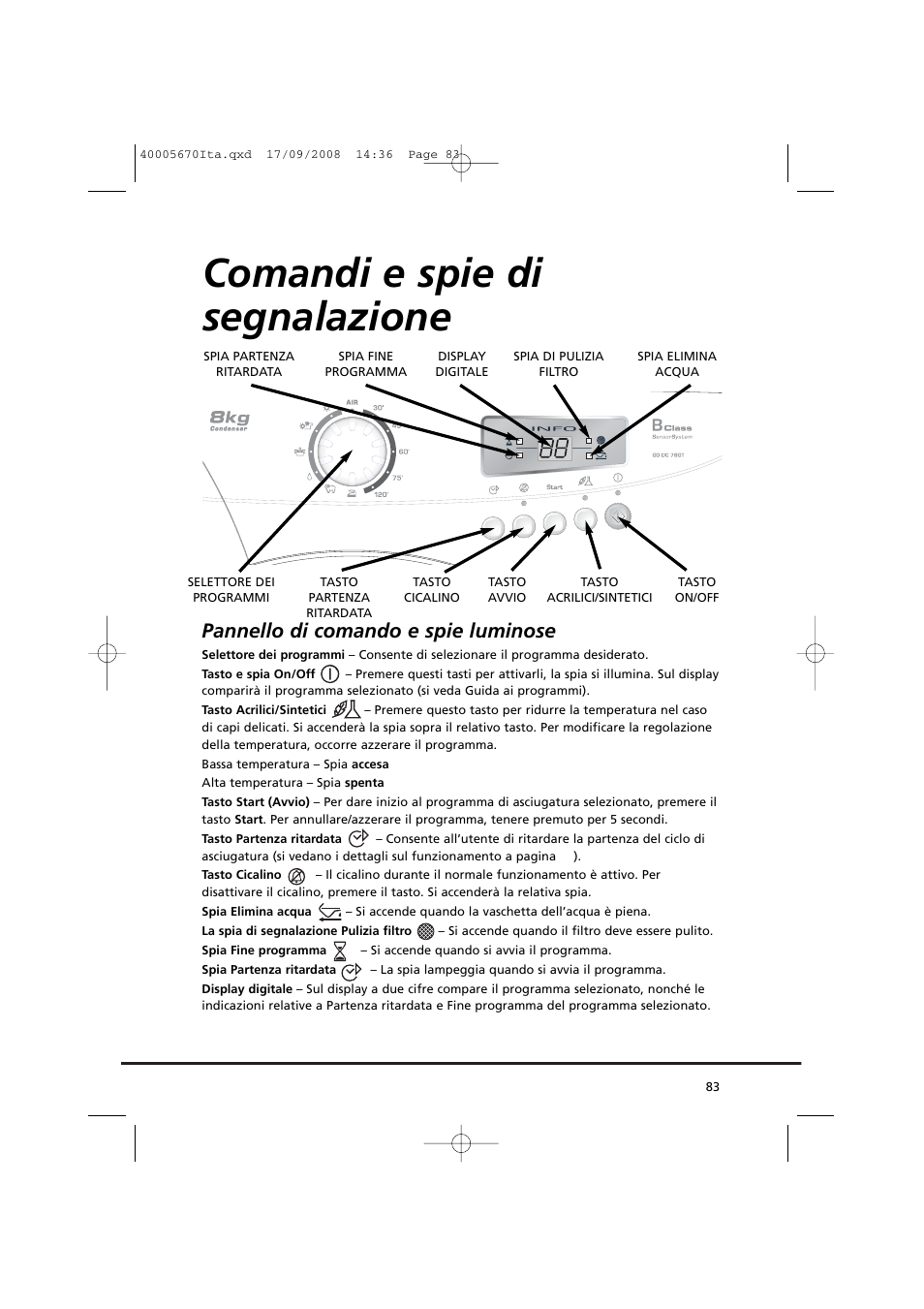 Comandi e spie di segnalazione, Pannello di comando e spie luminose | Candy GO DC 78GT-37S User Manual | Page 83 / 110