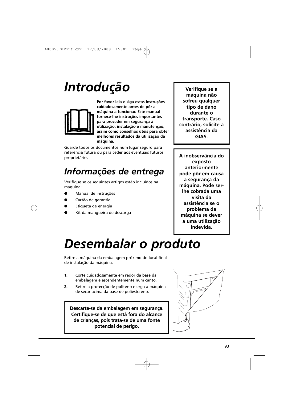 Introdução, Desembalar o produto, Informações de entrega | Candy GO DC 78GT-37S User Manual | Page 93 / 110