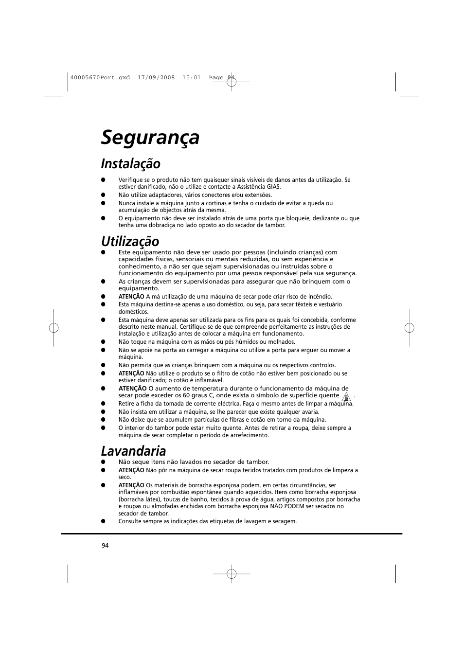 Segurança, Instalação, Utilização | Lavandaria | Candy GO DC 78GT-37S User Manual | Page 94 / 110