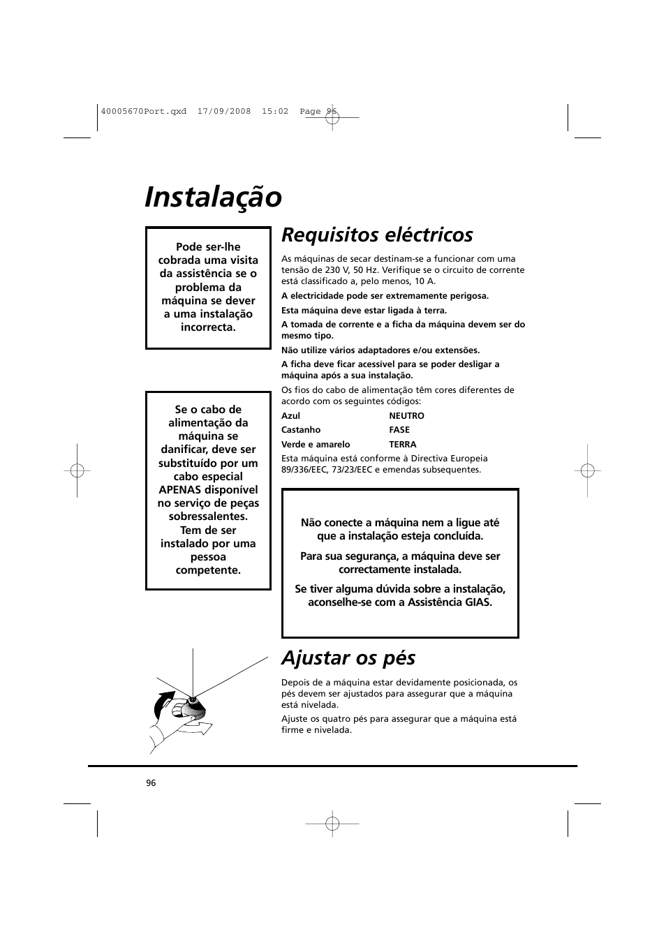 Instalação, Requisitos eléctricos, Ajustar os pés | Candy GO DC 78GT-37S User Manual | Page 96 / 110