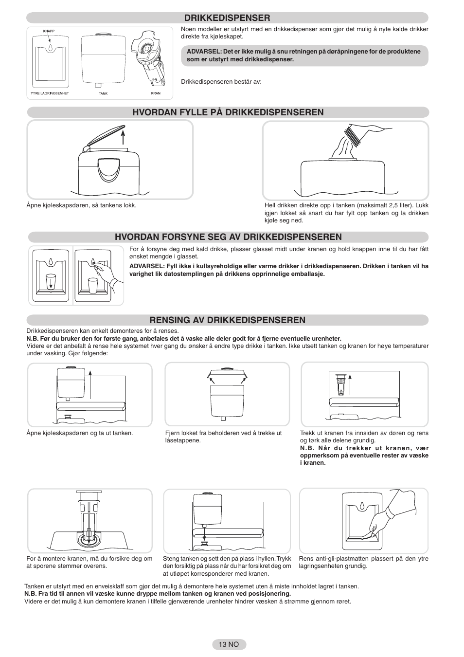 Drikkedispenser, Hvordan fylle på drikkedispenseren, Hvordan forsyne seg av drikkedispenseren | Rensing av drikkedispenseren | Candy FRCFL3589A-0 User Manual | Page 14 / 17