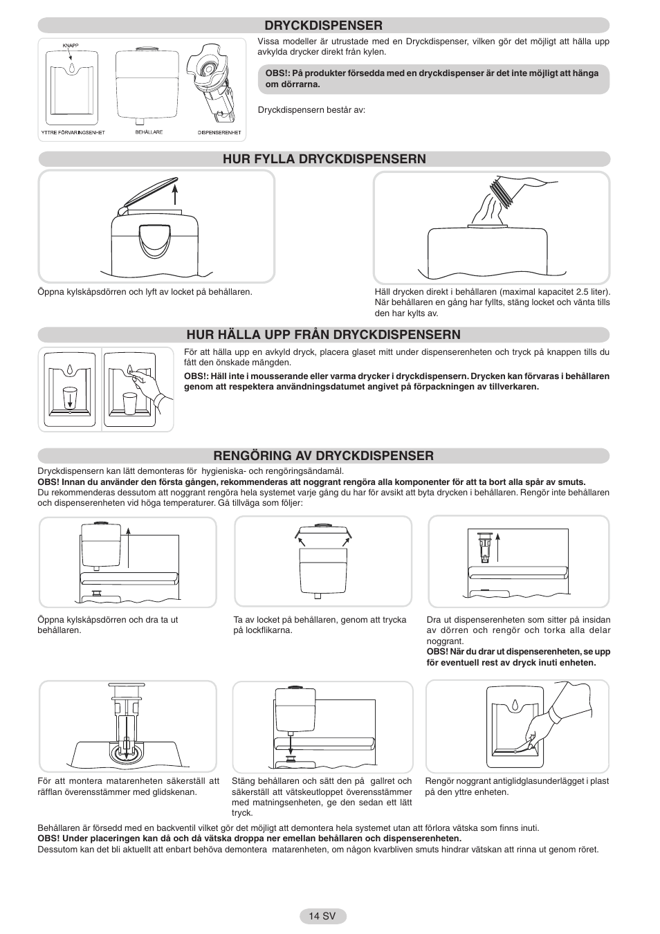 Dryckdispenser, Hur fylla dryckdispensern, Hur hälla upp från dryckdispensern | Rengöring av dryckdispenser | Candy FRCFL3589A-0 User Manual | Page 15 / 17