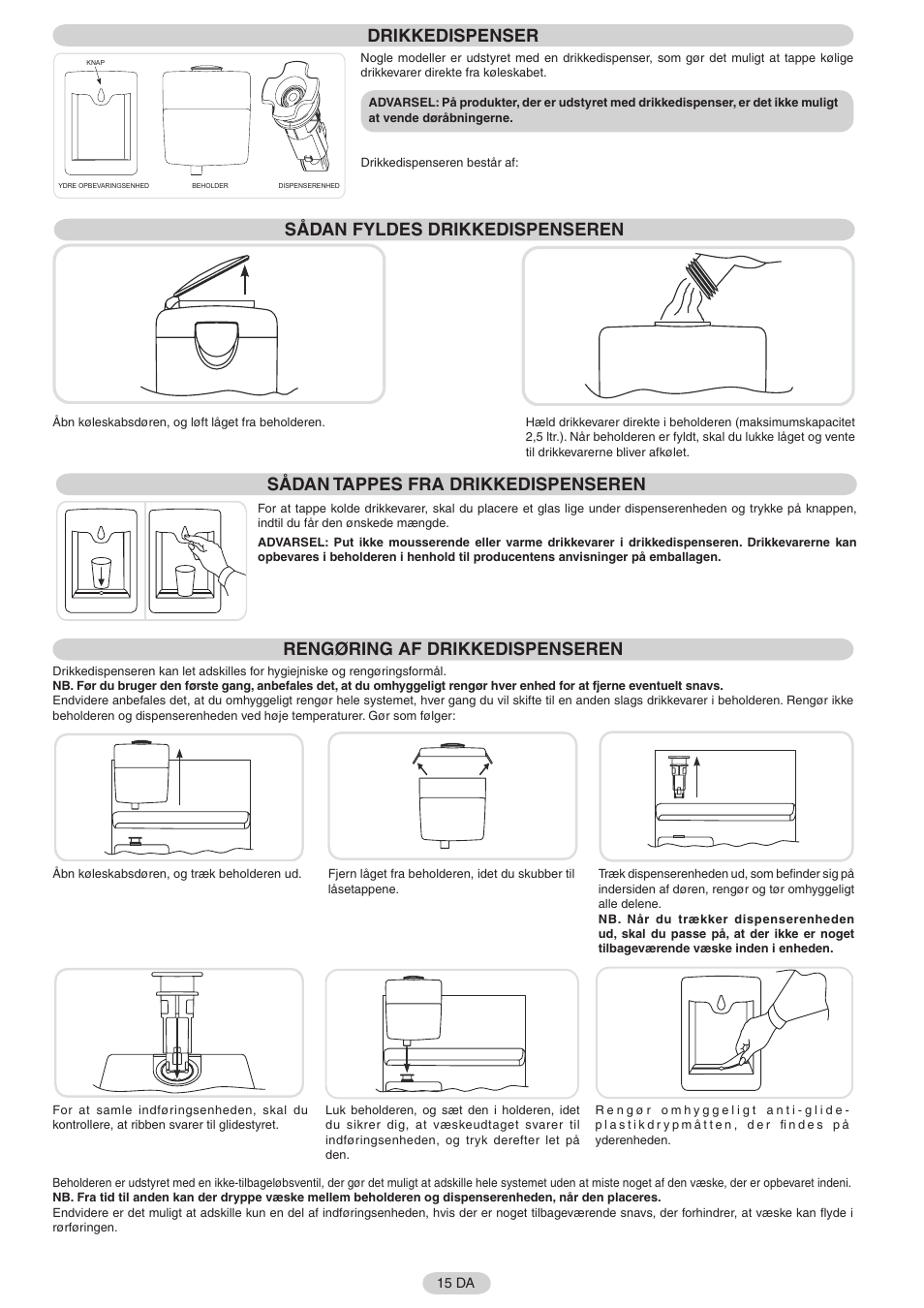 Drikkedispenser, Sådan fyldes drikkedispenseren, Sådan tappes fra drikkedispenseren | Rengøring af drikkedispenseren | Candy FRCFL3589A-0 User Manual | Page 16 / 17