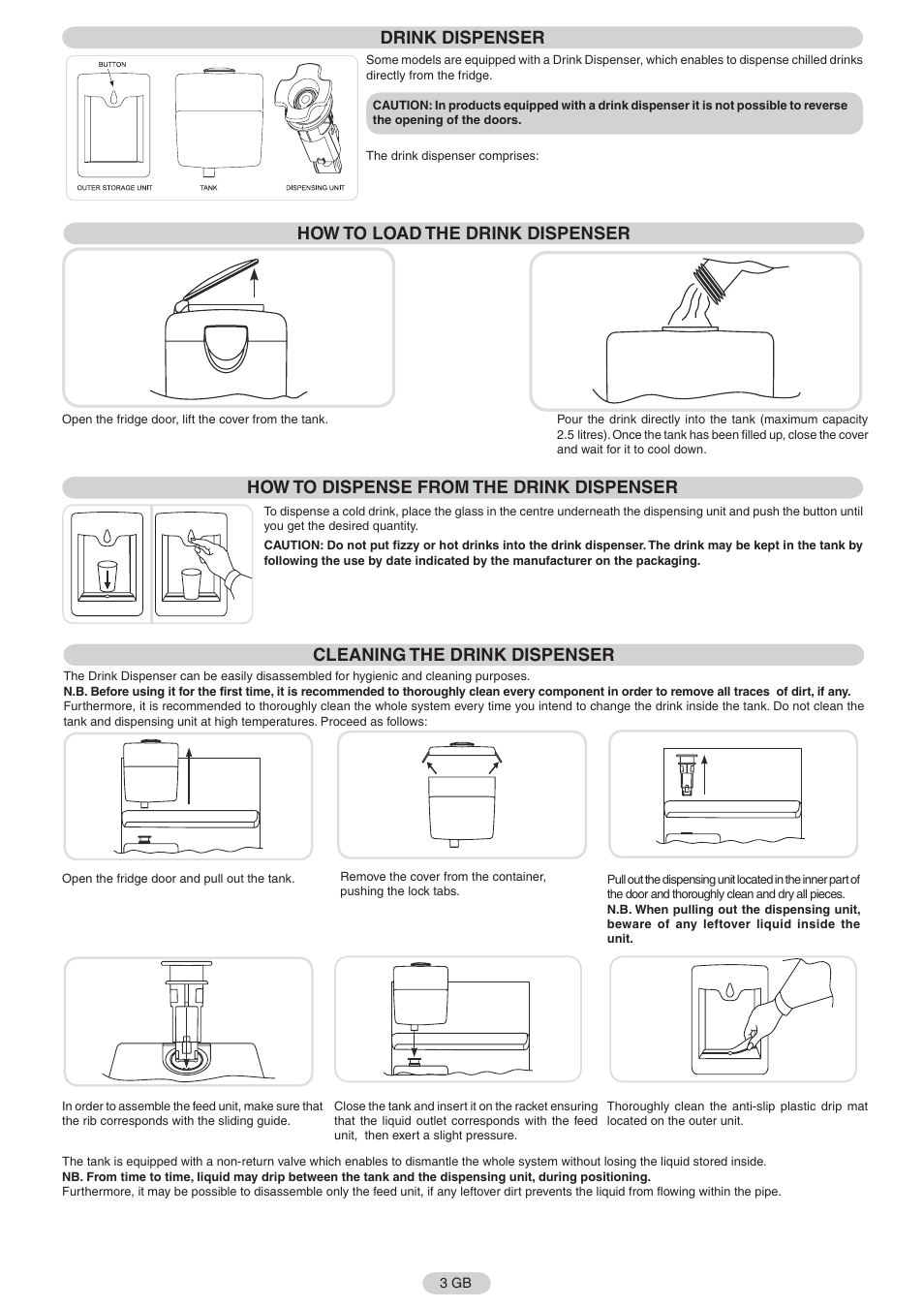 Drink dispenser, How to load the drink dispenser, Cleaning the drink dispenser | How to dispense from the drink dispenser | Candy FRCFL3589A-0 User Manual | Page 4 / 17