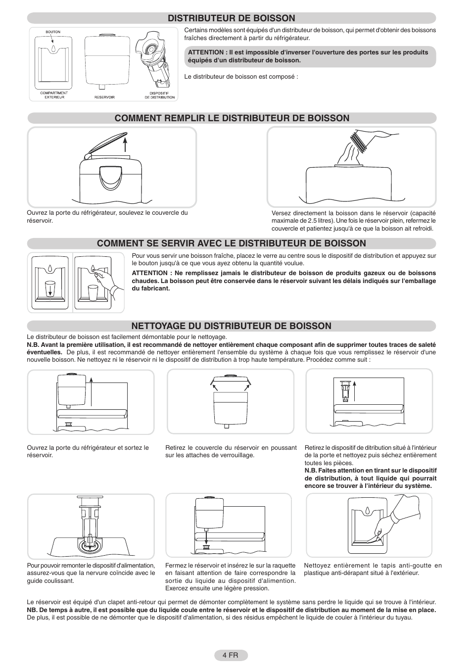 Distributeur de boisson, Comment remplir le distributeur de boisson, Comment se servir avec le distributeur de boisson | Nettoyage du distributeur de boisson | Candy FRCFL3589A-0 User Manual | Page 5 / 17