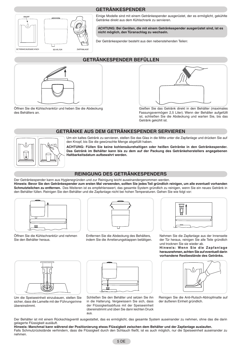 Getränkespender, Getränkespender befüllen, Getränke aus dem getränkespender servieren | Reinigung des getränkespenders | Candy FRCFL3589A-0 User Manual | Page 6 / 17
