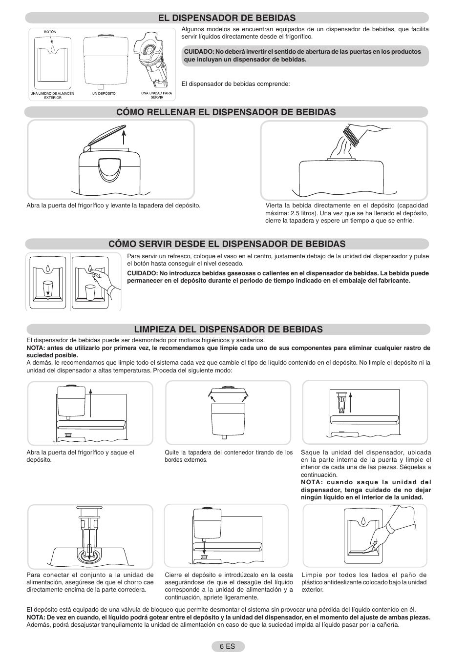 Cómo rellenar el dispensador de bebidas, Cómo servir desde el dispensador de bebidas, Limpieza del dispensador de bebidas | El dispensador de bebidas | Candy FRCFL3589A-0 User Manual | Page 7 / 17