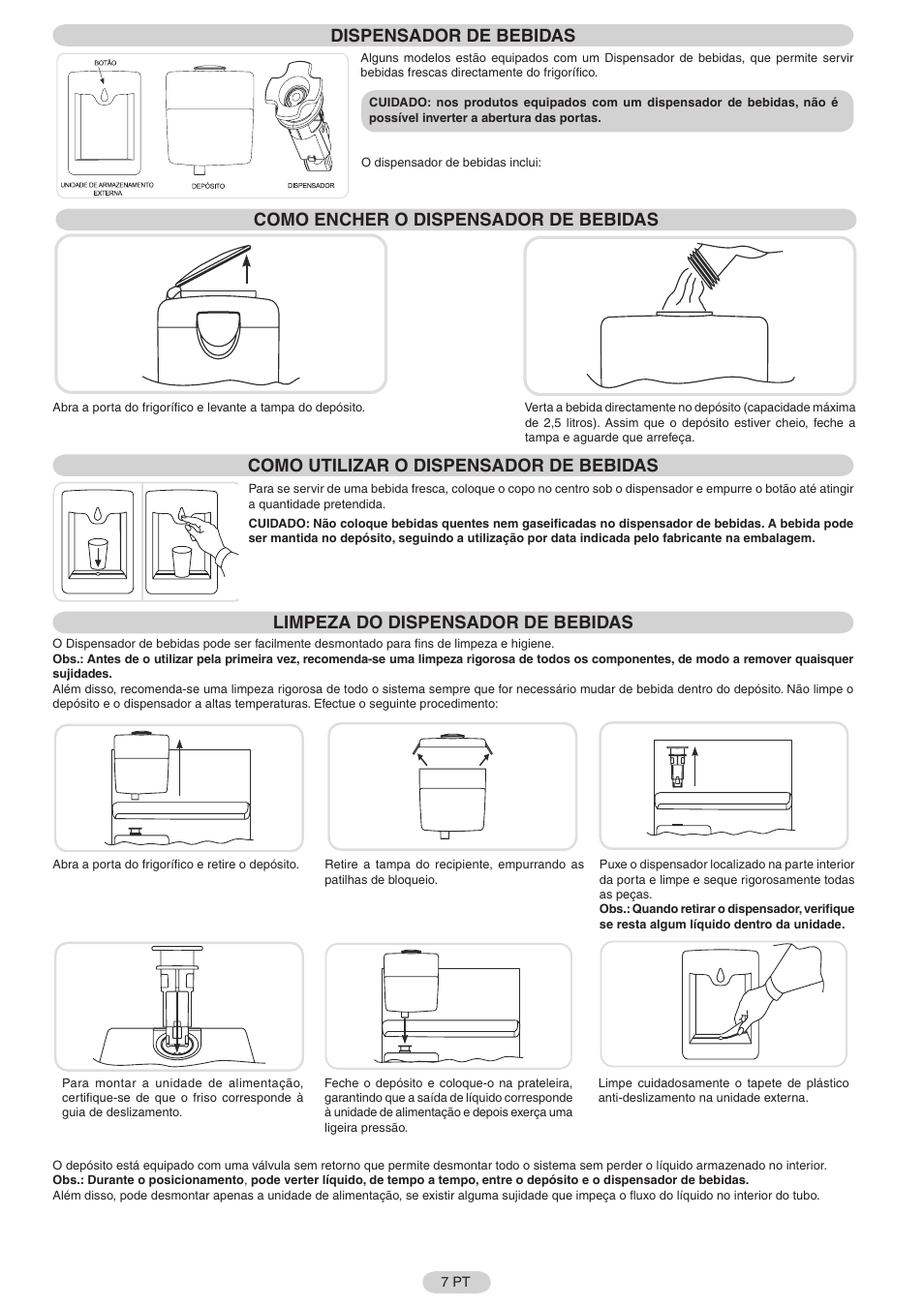 Dispensador de bebidas, Como encher o dispensador de bebidas, Como utilizar o dispensador de bebidas | Limpeza do dispensador de bebidas | Candy FRCFL3589A-0 User Manual | Page 8 / 17
