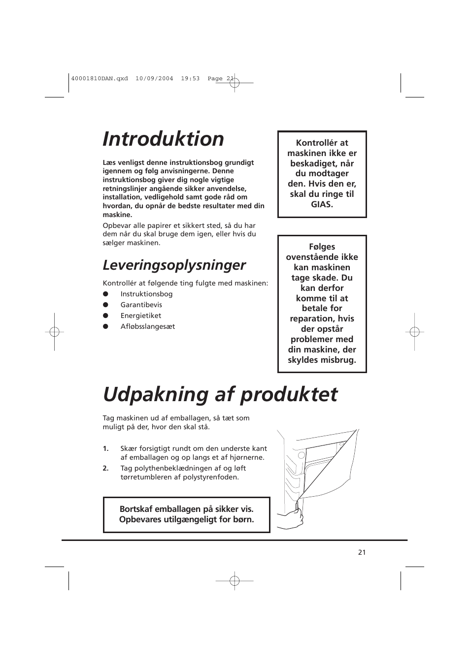 Introduktion, Udpakning af produktet, Leveringsoplysninger | Candy CDC779X User Manual | Page 21 / 92