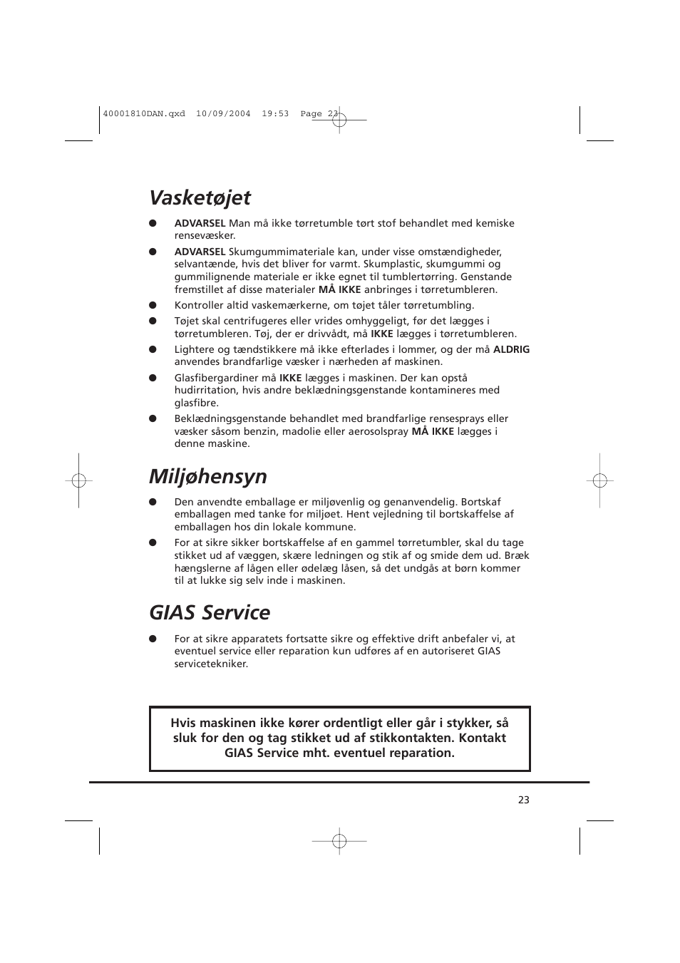 Vasketøjet, Miljøhensyn, Gias service | Candy CDC779X User Manual | Page 23 / 92
