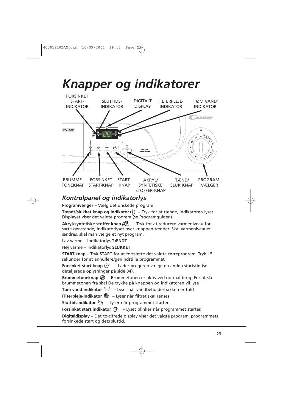 Knapper og indikatorer, Kontrolpanel og indikatorlys | Candy CDC779X User Manual | Page 29 / 92