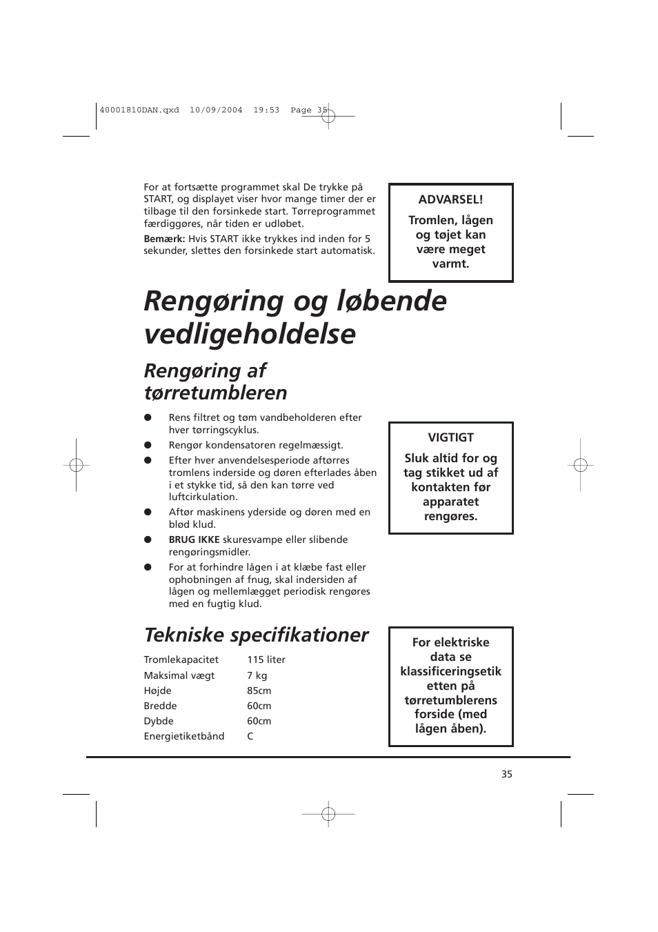 Rengøring og løbende vedligeholdelse, Rengøring af tørretumbleren, Tekniske specifikationer | Candy CDC779X User Manual | Page 35 / 92