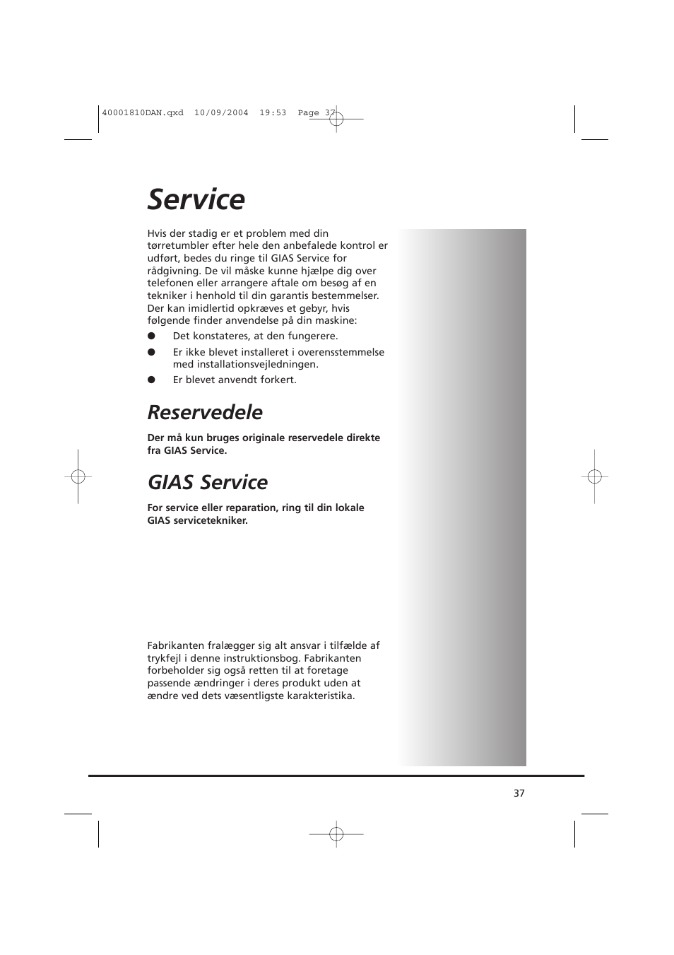 Service, Reservedele, Gias service | Candy CDC779X User Manual | Page 37 / 92