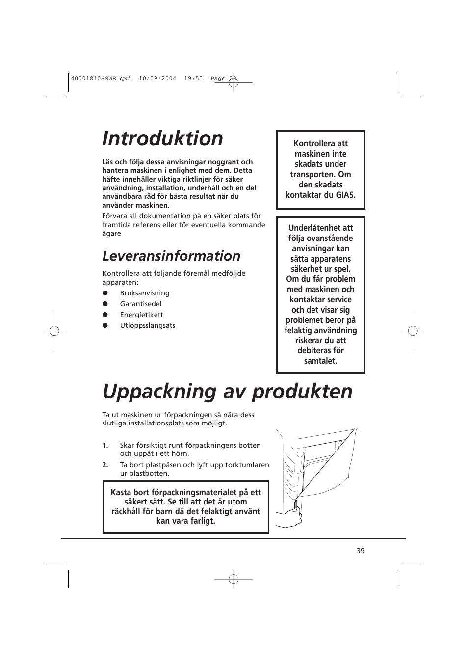 Introduktion, Uppackning av produkten, Leveransinformation | Candy CDC779X User Manual | Page 39 / 92