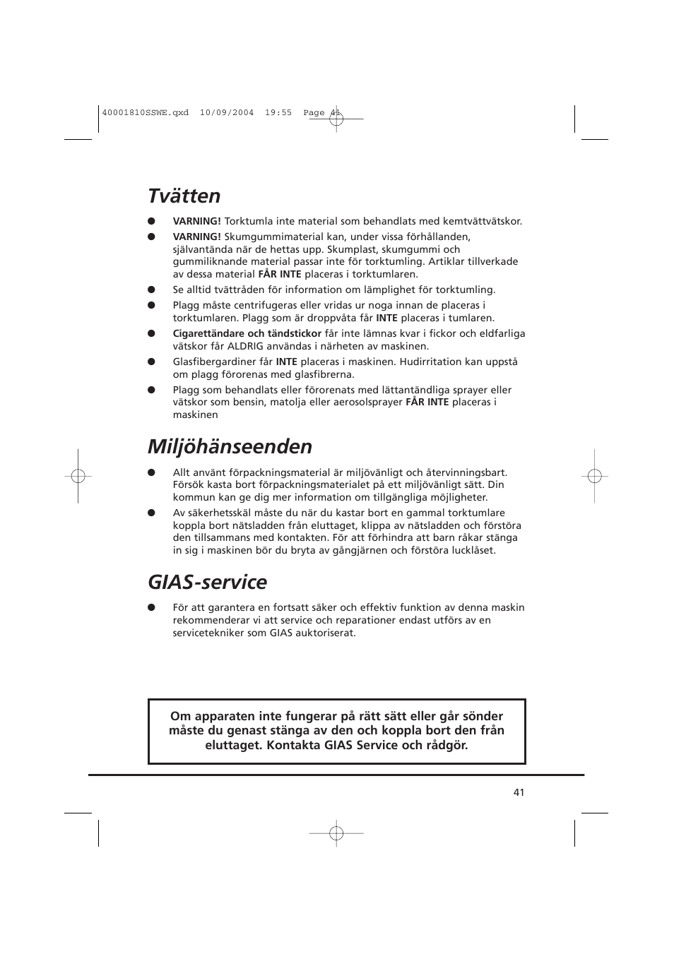 Tvätten, Miljöhänseenden, Gias-service | Candy CDC779X User Manual | Page 41 / 92