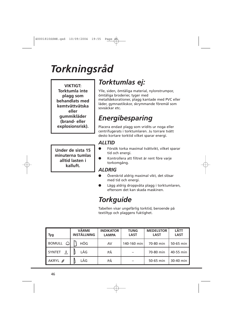 Torkningsråd, Torktumlas ej, Energibesparing | Torkguide, Alltid, Aldrig | Candy CDC779X User Manual | Page 46 / 92