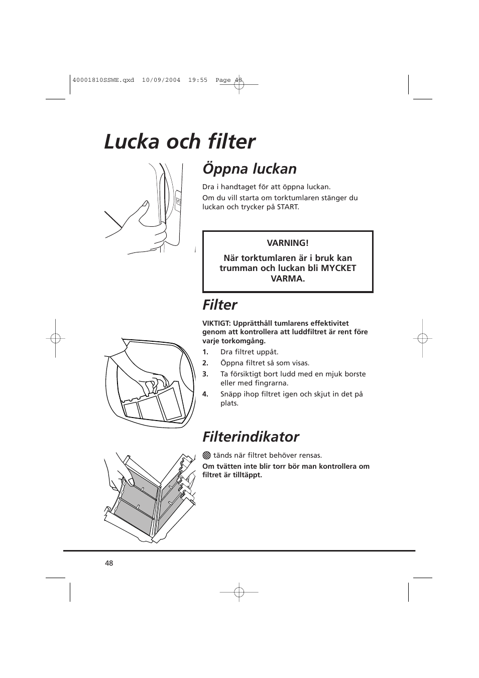 Lucka och filter, Öppna luckan, Filter | Filterindikator | Candy CDC779X User Manual | Page 48 / 92