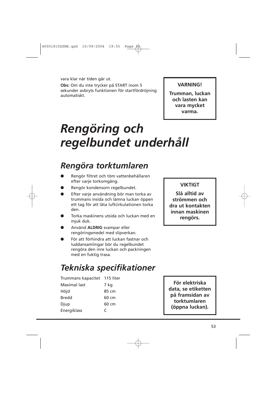 Rengöring och regelbundet underhåll, Rengöra torktumlaren, Tekniska specifikationer | Candy CDC779X User Manual | Page 53 / 92