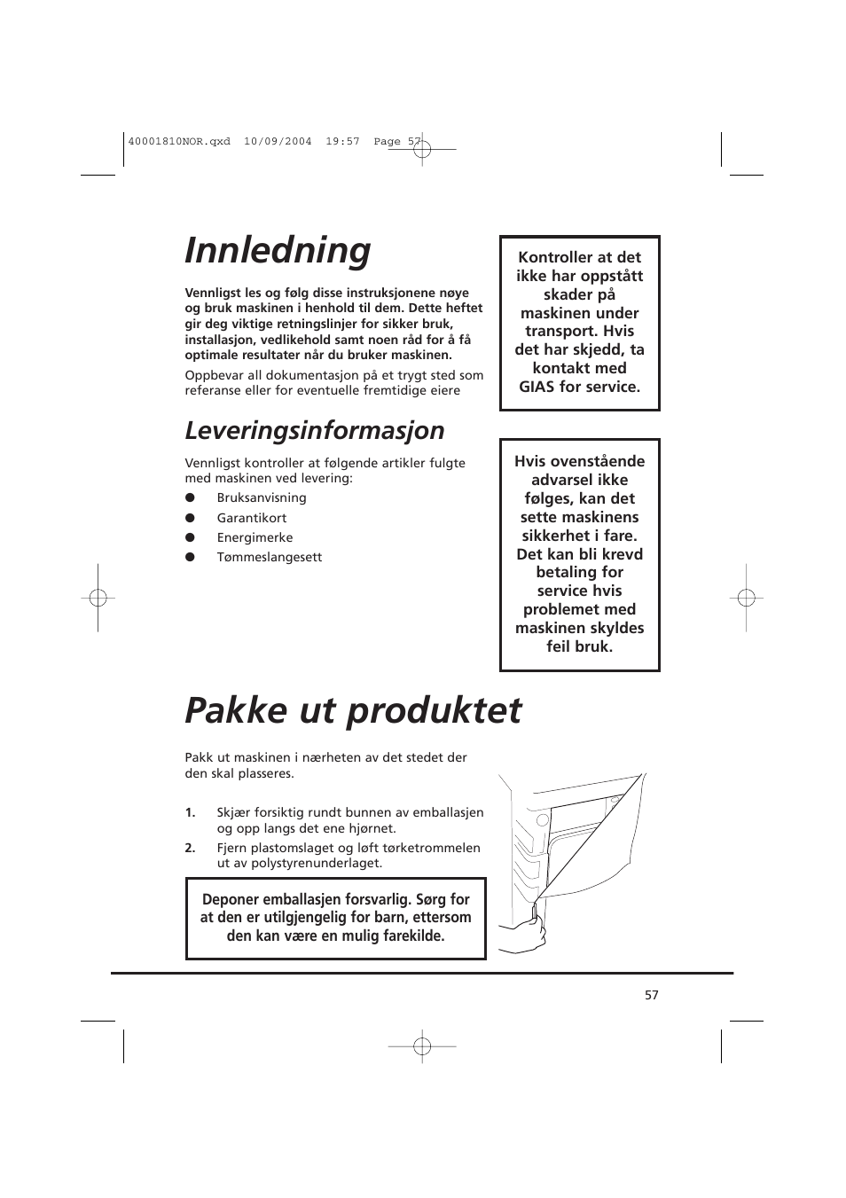 Innledning, Pakke ut produktet, Leveringsinformasjon | Candy CDC779X User Manual | Page 57 / 92