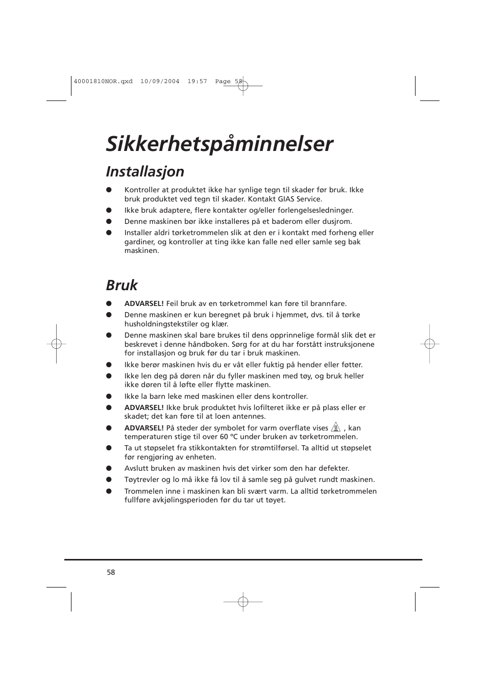 Sikkerhetspåminnelser, Installasjon, Bruk | Candy CDC779X User Manual | Page 58 / 92