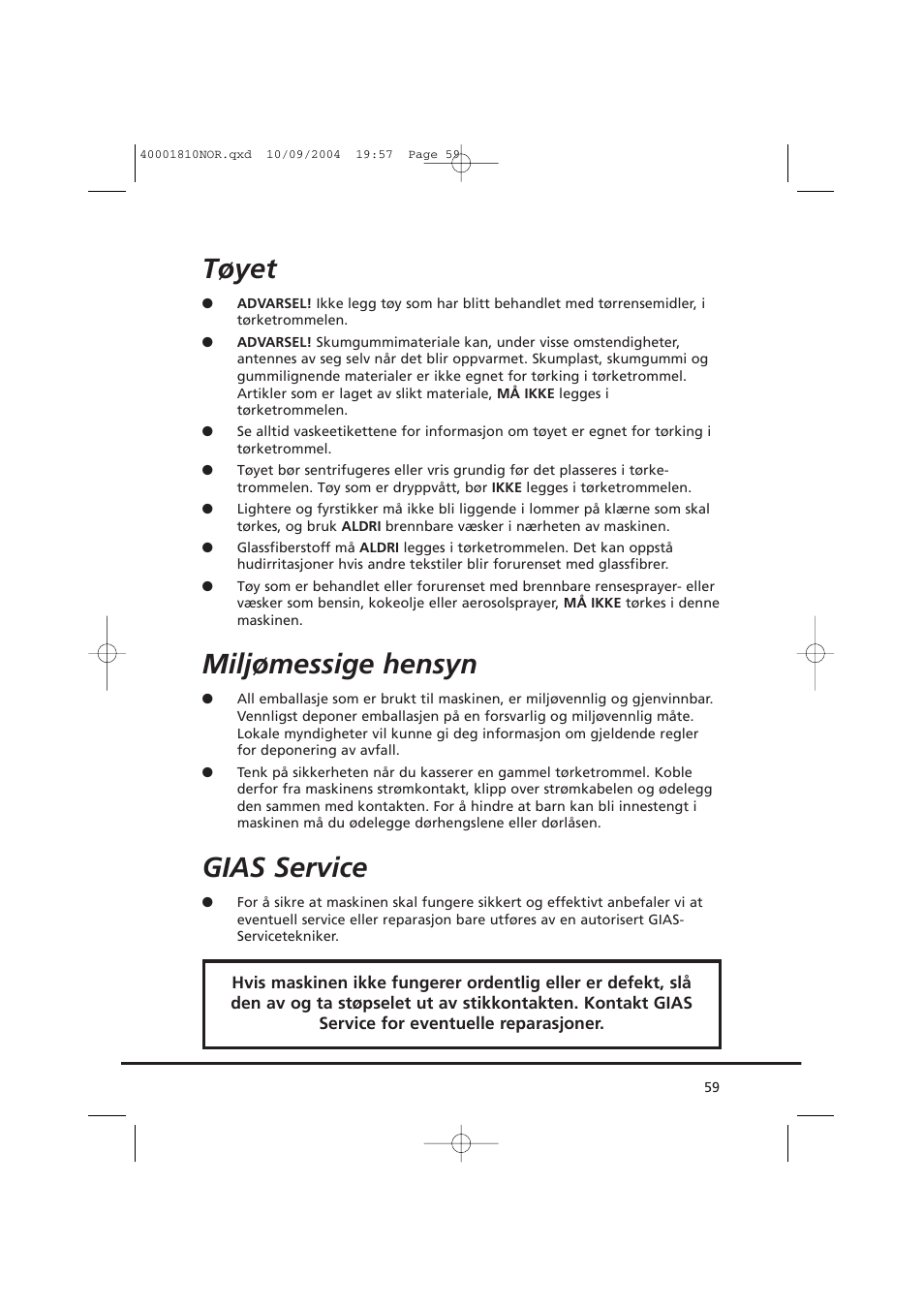 Tøyet, Miljømessige hensyn, Gias service | Candy CDC779X User Manual | Page 59 / 92