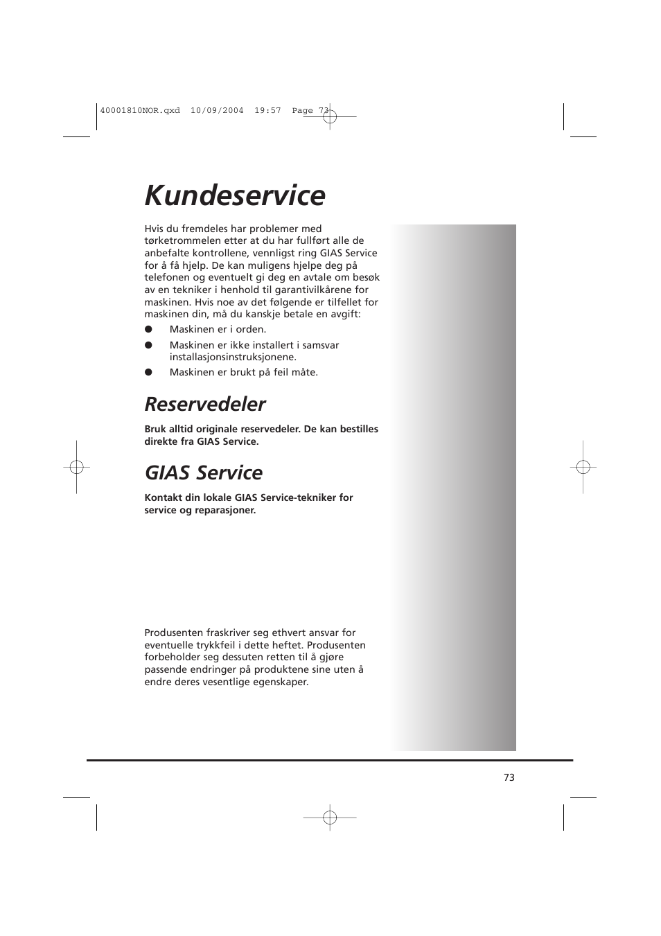 Kundeservice, Reservedeler, Gias service | Candy CDC779X User Manual | Page 73 / 92