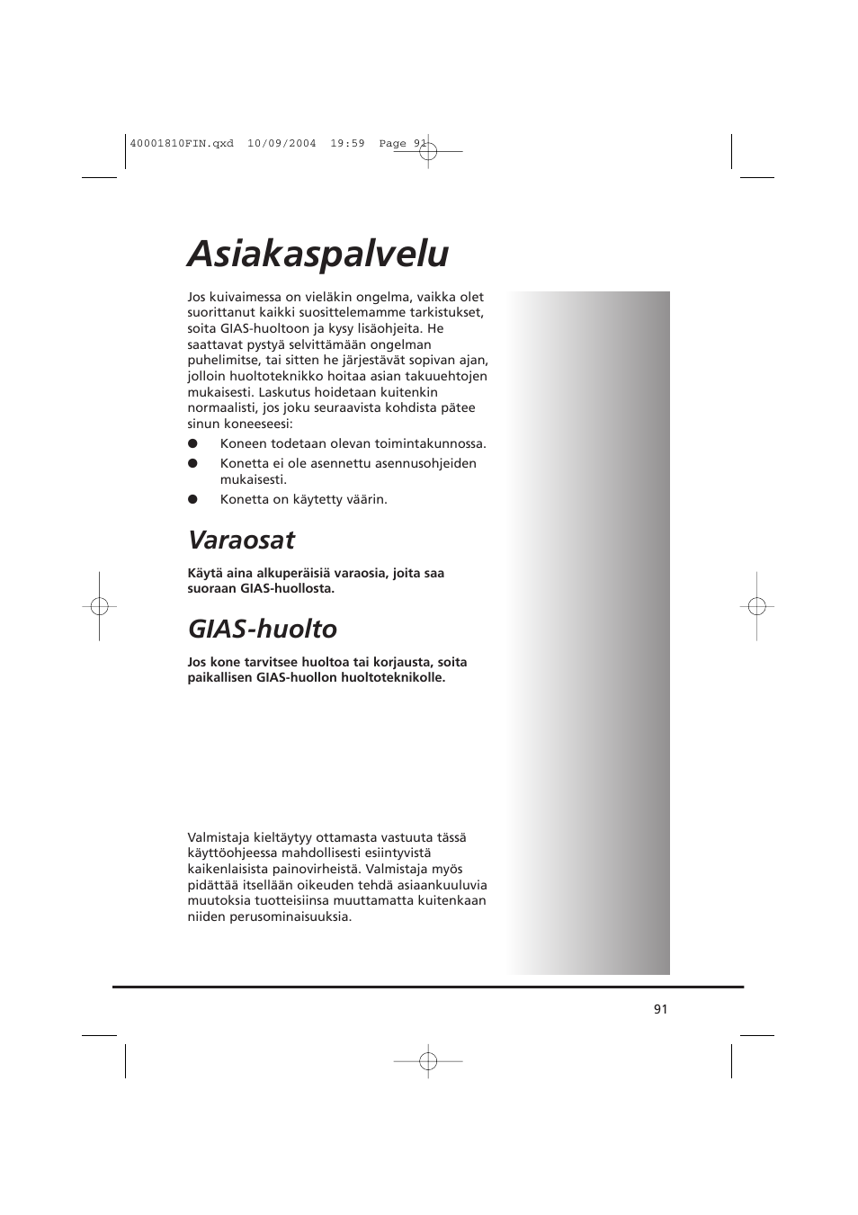 Asiakaspalvelu, Varaosat, Gias-huolto | Candy CDC779X User Manual | Page 91 / 92