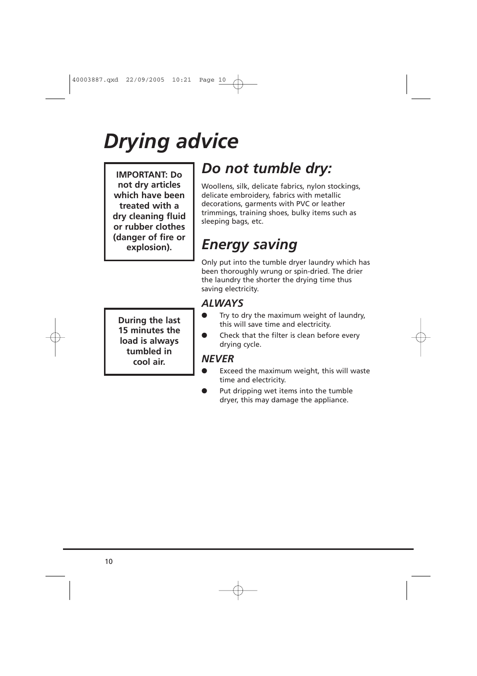 Drying advice, Do not tumble dry, Energy saving | Candy CV1 16-80 User Manual | Page 10 / 20