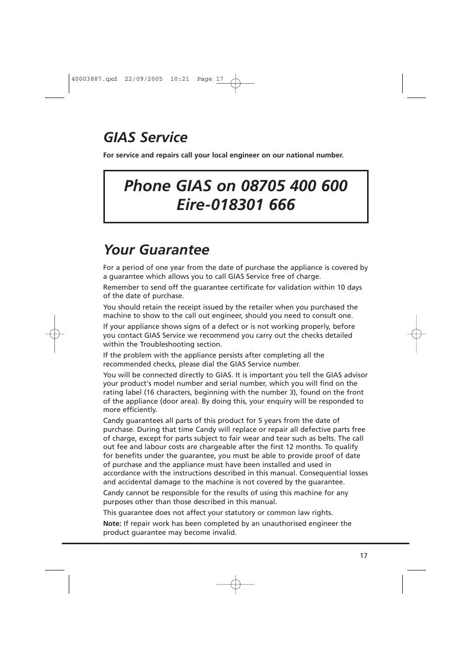 Gias service, Your guarantee | Candy CV1 16-80 User Manual | Page 17 / 20