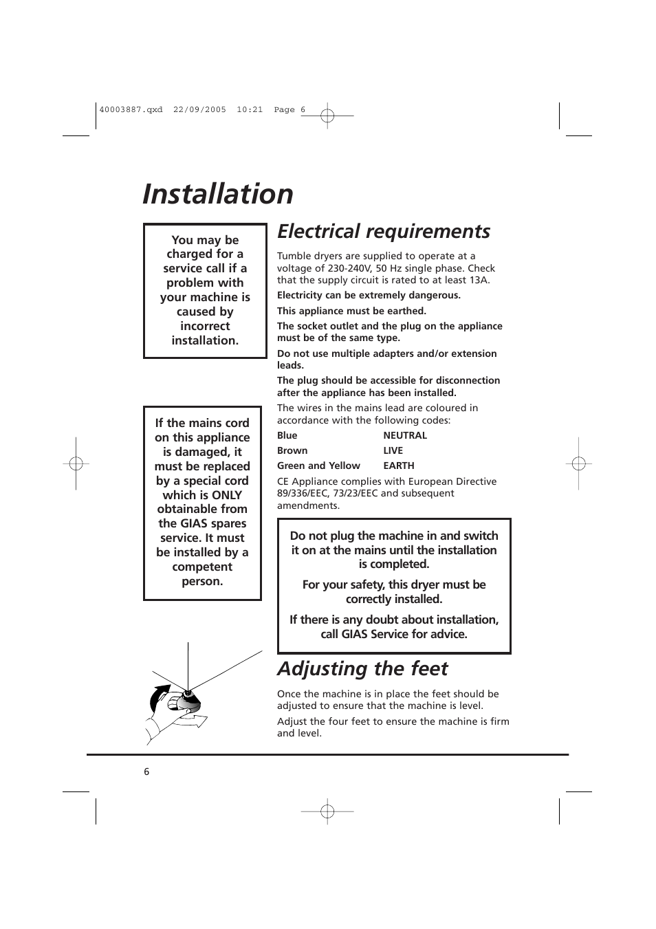 Installation, Electrical requirements, Adjusting the feet | Candy CV1 16-80 User Manual | Page 6 / 20