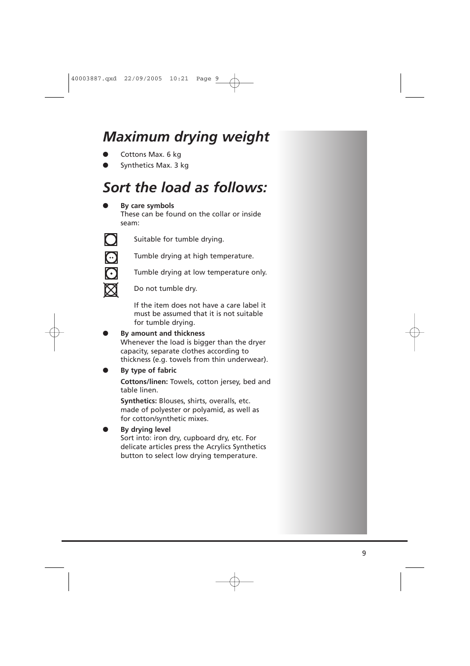 Maximum drying weight, Sort the load as follows | Candy CV1 16-80 User Manual | Page 9 / 20