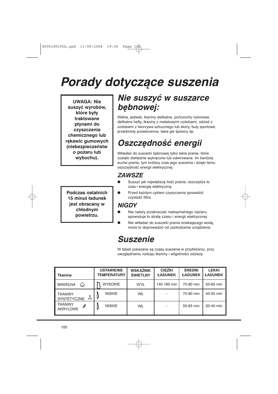Porady dotyczące suszenia, Nie suszyć w suszarce bębnowej, Oszczędność energii | Suszenie, Zawsze, Nigdy | Candy AB CDC 679 X SY User Manual | Page 100 / 128