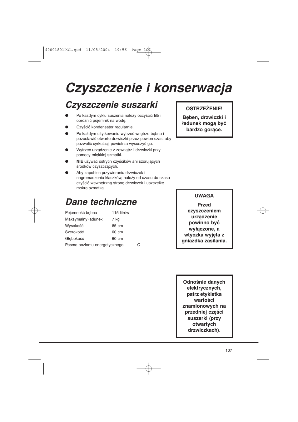 Czyszczenie i konserwacja, Czyszczenie suszarki, Dane techniczne | Candy AB CDC 679 X SY User Manual | Page 107 / 128