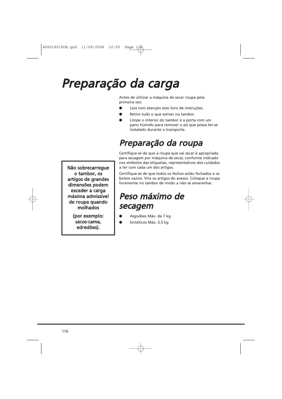 Pprre ep pa arra aççã ão o d da a cca arrg ga a, Pprre ep pa arra aççã ão o d da a rro ou up pa a | Candy AB CDC 679 X SY User Manual | Page 116 / 128