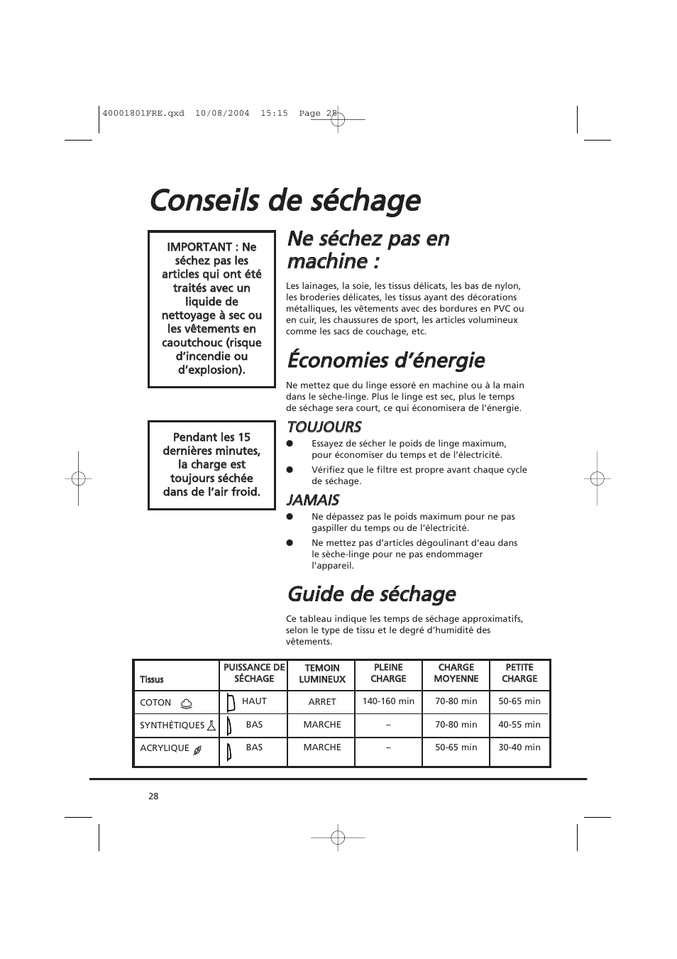 Cco on nsse eiillss d de e ssé écch ha ag ge e, Éécco on no om miie ess d d’’é én ne errg giie e, Ggu uiid de e d de e ssé écch ha ag ge e | Candy AB CDC 679 X SY User Manual | Page 28 / 128