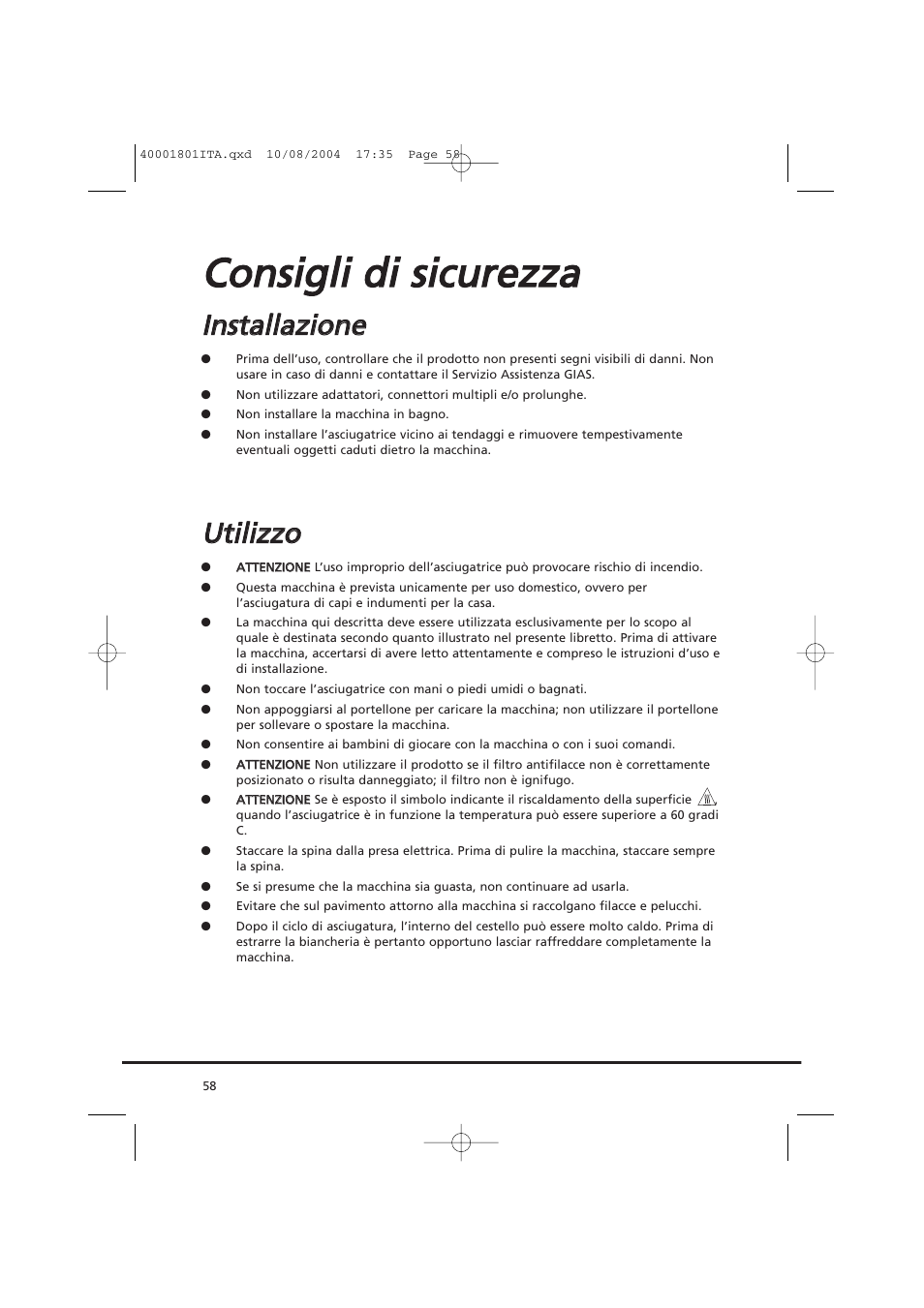 Cco on nssiig gllii d dii ssiiccu urre ez zz za a, Uuttiilliiz zz zo o | Candy AB CDC 679 X SY User Manual | Page 58 / 128
