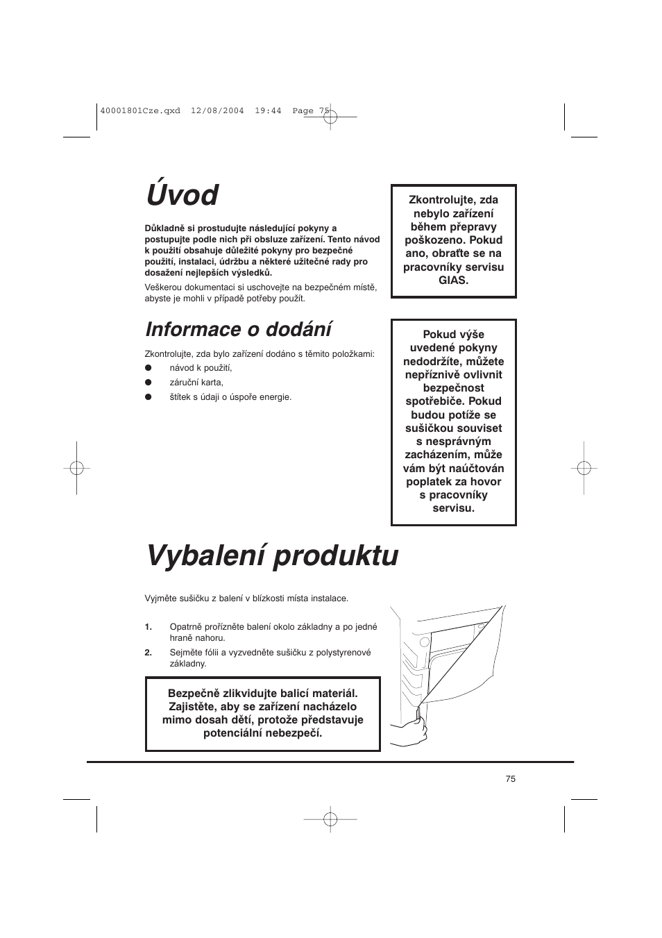Úvod, Vybalení produktu, Informace o dodání | Candy AB CDC 679 X SY User Manual | Page 75 / 128