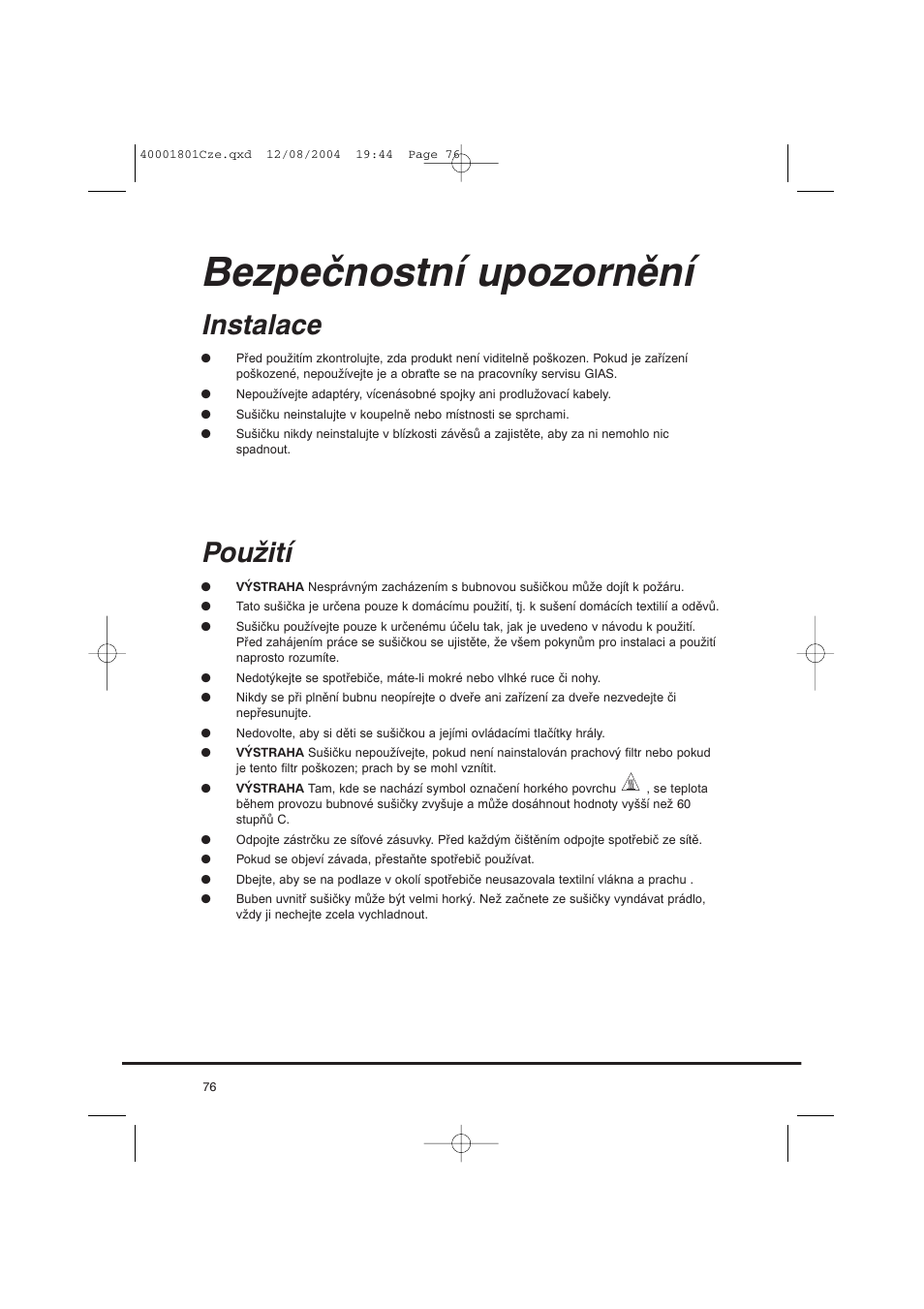 Bezpečnostní upozornění, Instalace, Použití | Candy AB CDC 679 X SY User Manual | Page 76 / 128